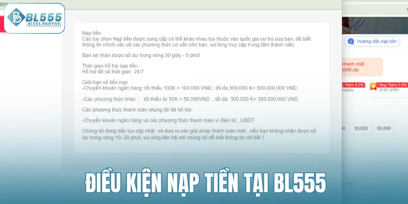 Điều kiện nạp tiền tại BL555